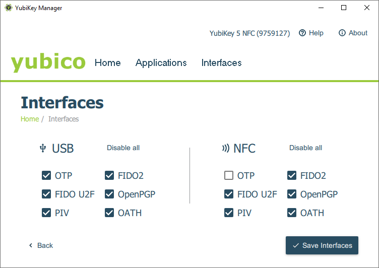 Yubico Interface options for USB and NFC