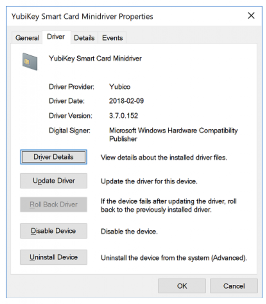 YubiKey smart card minidriver properties