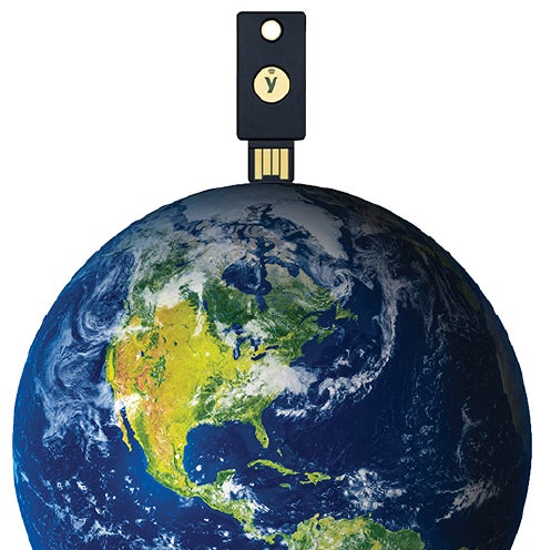 YubiKey on top of a globe