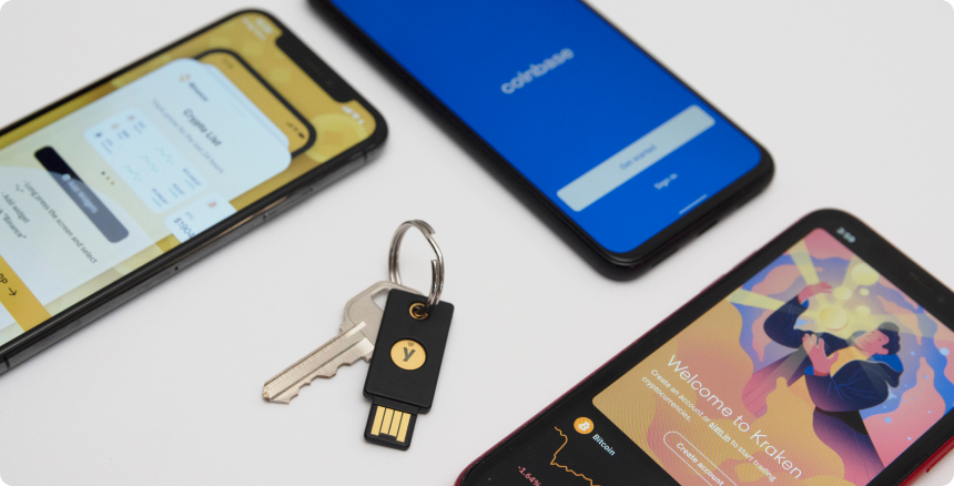 YubiKey in the middle of 3 phones