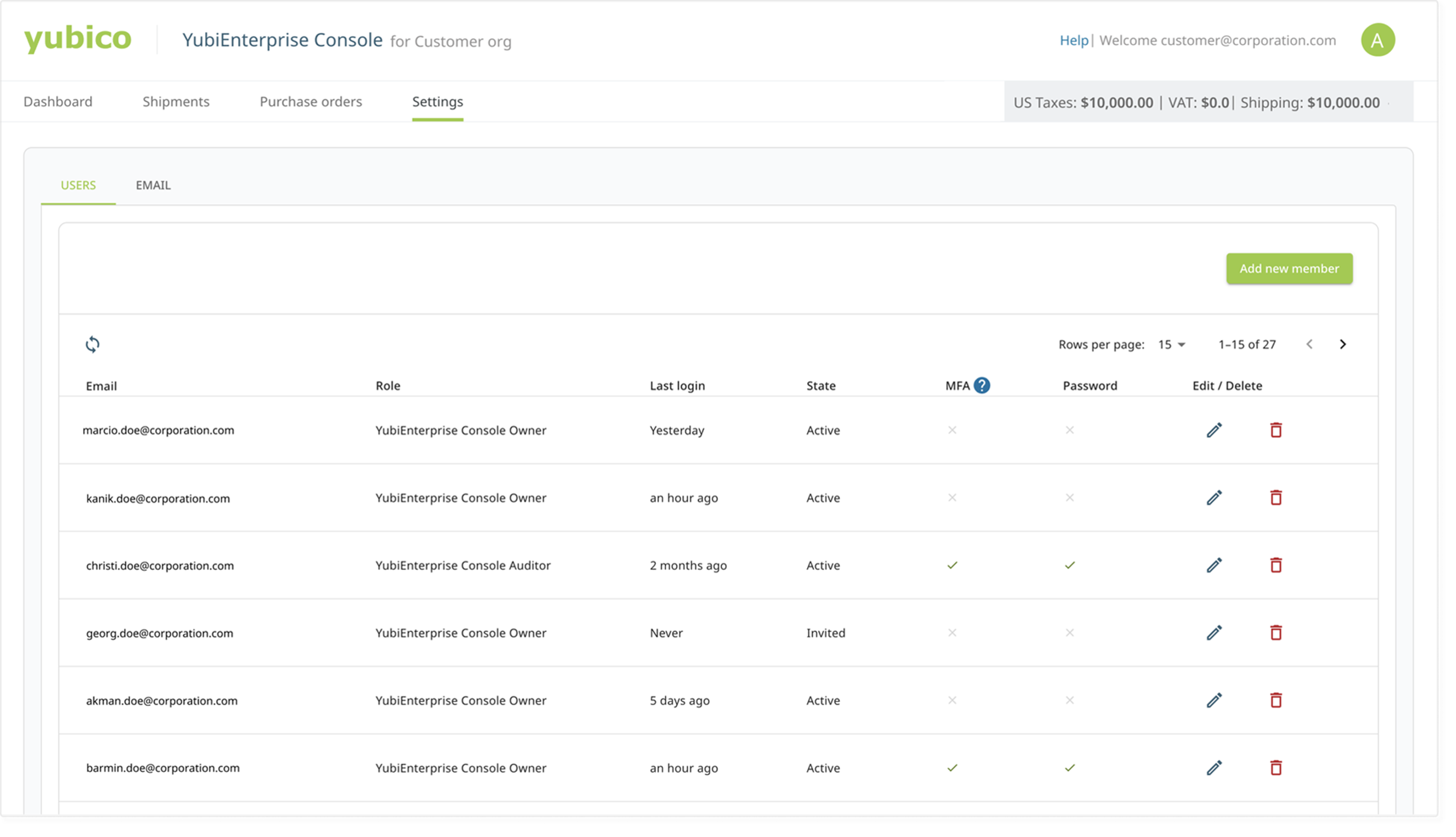 YES console purchase order screen