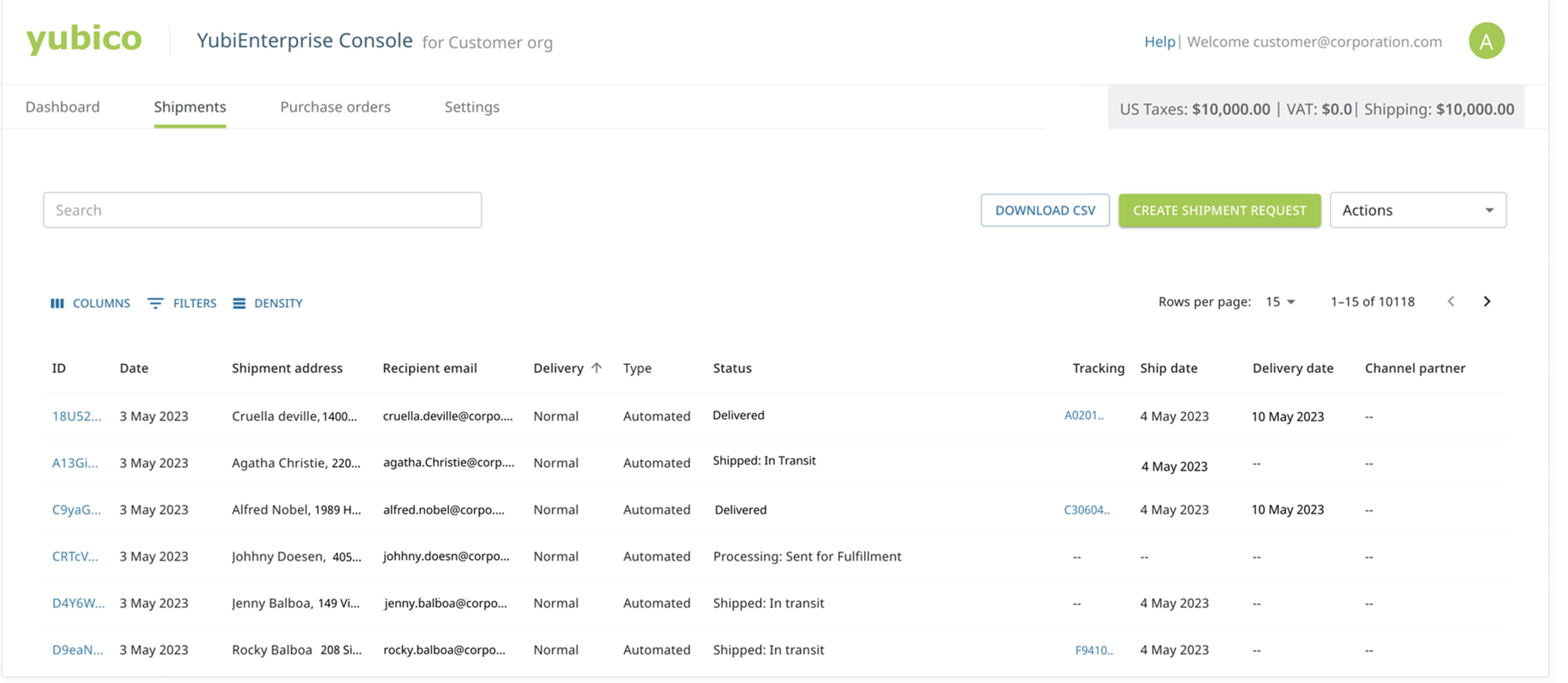 YES Console Shipments screen